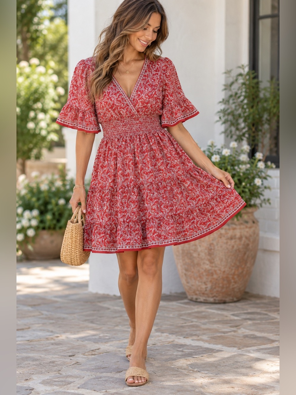 Max Studio Red Floral V-Neck Smocked Mini Dress with Ruffled Sleeves